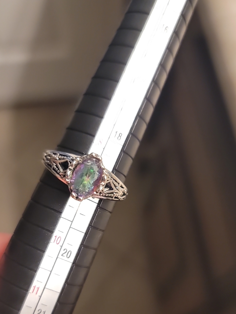 Stainless Steel Silver Plated Filigree Ring with Mystic Topaz/ Oil Spill Stone
